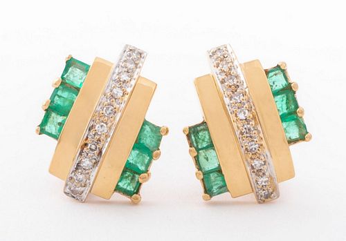 14K Yellow Gold Emerald Diamond Earrings