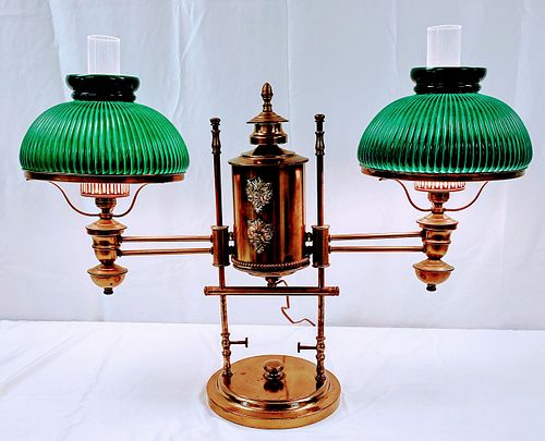 A Brass Student Double Glass Shade Lamp