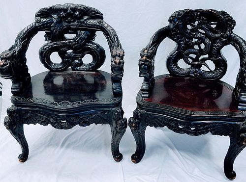 Chinese Carved Dragon Chair Set