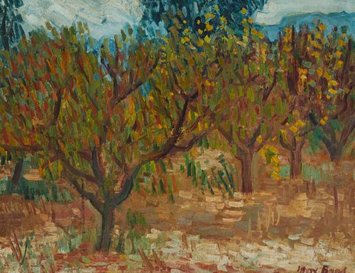 Max Band (1900-1974), Trees in an orchard, Oil on board, 12" H x 16" W