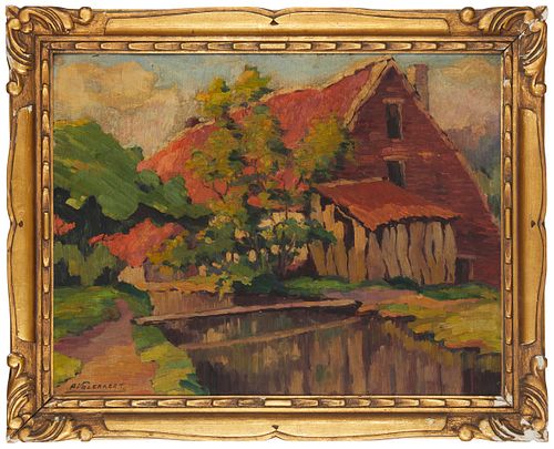 Piet Volckaert (1901-1973), Red barn, Oil on artist board, 20.5" H x 27" W