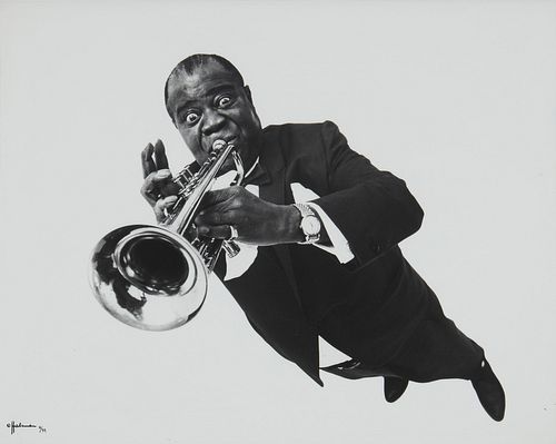 Philippe Halsman, (1906-1979), Louis Armstrong, 1966, Silver gelatin print on paper, Image/sheet: 16.125" H x 20.125" W