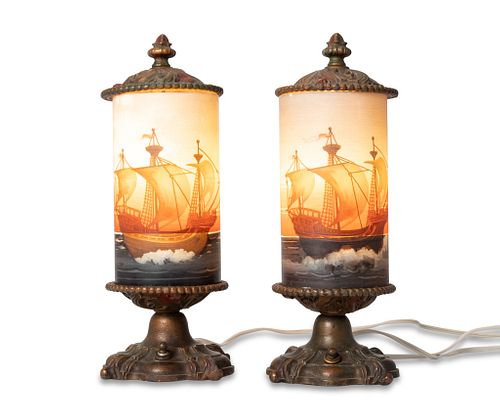 A pair of nautical patinated copper table lamps