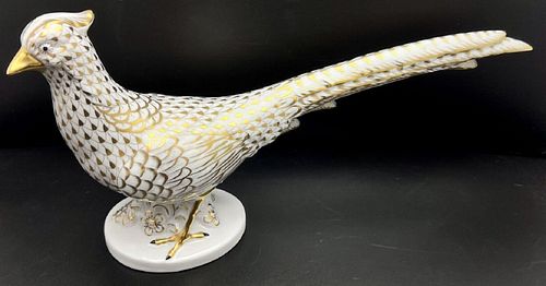 Signed Herend Large 24k Gold Fishnet Artist Show 12.5â€ PHEASANT Bird Figurine