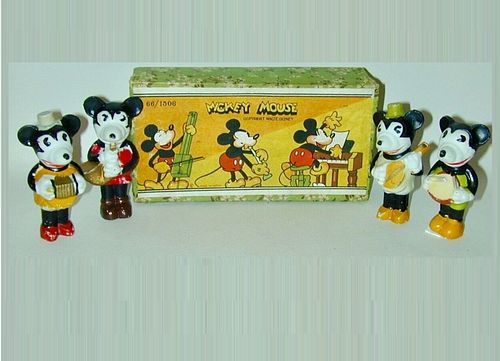 Mickey Mouse & Minnie 4 Bisque Musicians Original Box Japan 1930s RARE FIND!