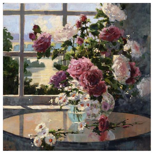 Marilyn Simandle, "Morning Roses" Hand Embellished Limited Edition on Canvas, Numbered and Hand Signed with Letter of Authenticity.