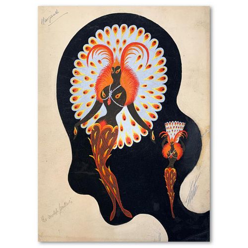 Erte (1892-1990), "Oiseaux, mannequins" Original Gauche Painting, Hand Signed with Letter of Authenticity.
