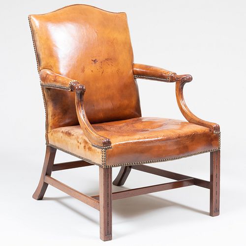 George III Mahogany and Leather-Upholstered Gainsborough Armchair