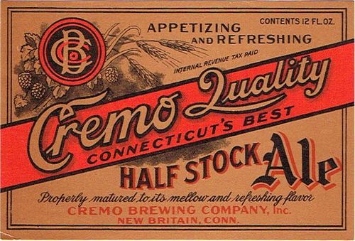 1937 Cremo Quality Half Stock Ale 12oz ES9-05 Label New Britain Connecticut