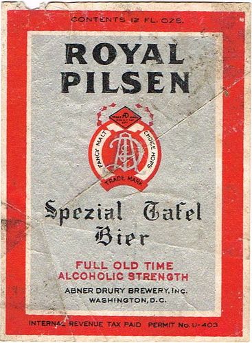 1933 Royal Pilsen Spezial Tafel Bier 12oz ES18-10 Label Washington District Of Columbia