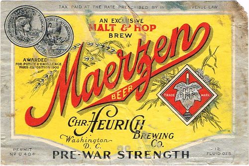 1933 Maerzen Beer 12oz ES19-12 Label Washington District Of Columbia
