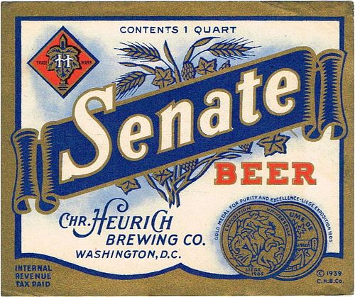 1939 Senate Beer 32oz One Quart ES20-01 Label Washington District Of Columbia