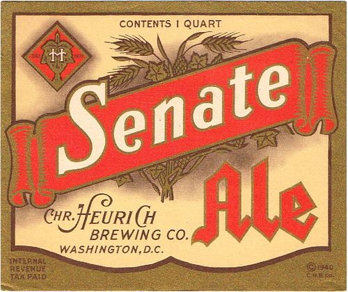 1940 Senate Ale 32oz One Quart ES20-03 Label Washington District Of Columbia