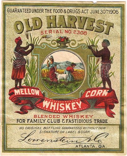 1910 Lowenstein's Old Harvest Corn Whiskey Label Atlanta Georgia