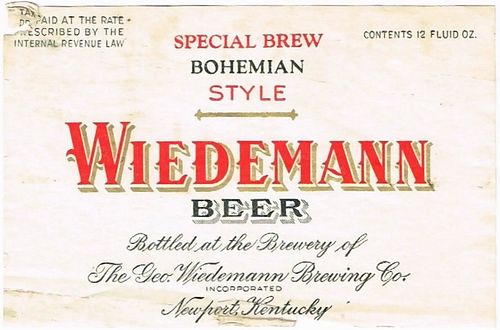 1939 Wiedemann Beer No Ref. ES39-11V Label Newport Kentucky