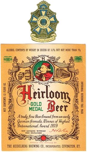 1940 Heirloom Gold Medal Beer 12oz ES32-14 Label Covington Kentucky