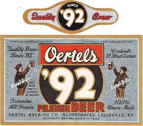 1937 Oertels '92 Pilsner Beer 12oz ES38-11 Label Louisville Kentucky