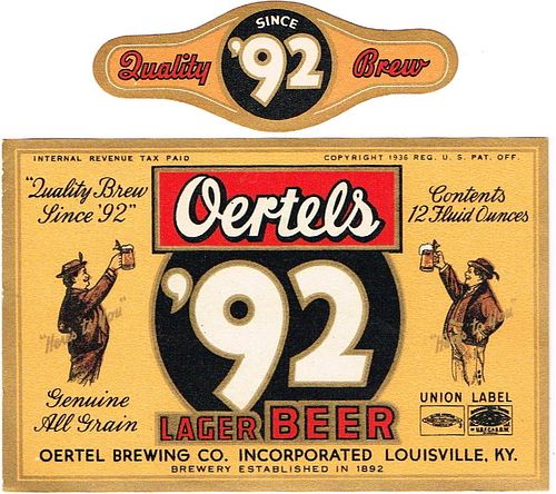 1939 Oertel's '92 Lager Beer 12oz ES38-06 Label Louisville Kentucky