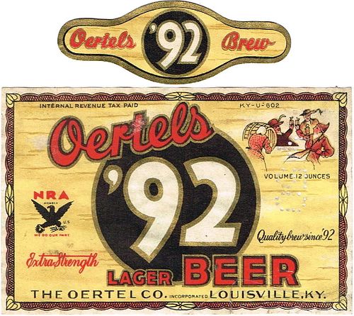 1934 Oertel's '92 Lager Beer 12oz ES37-16 Label Louisville Kentucky