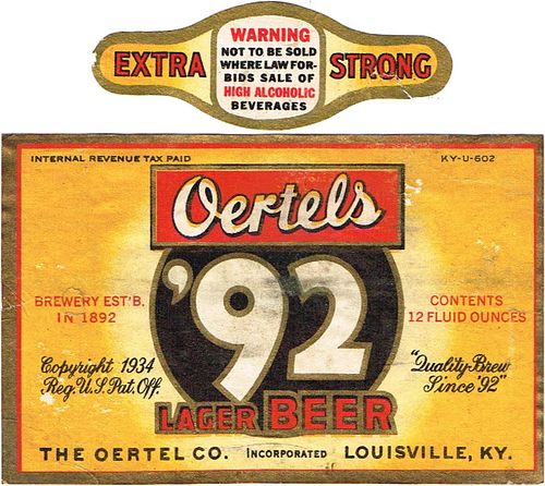 1936 Oertels '92 Lager Beer 12oz ES37-20 Label Louisville Kentucky