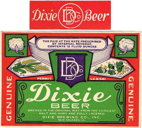 1935 Dixie Beer 12oz ES40-13 Label New Orleans Louisiana