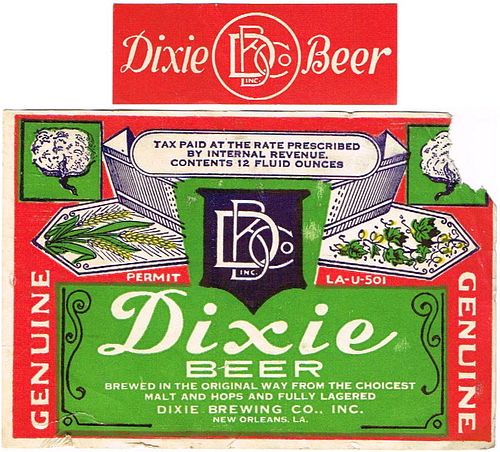 1935 Dixie Beer 12oz ES40-13V Label New Orleans Louisiana