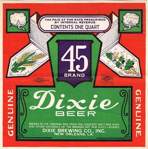 1935 Dixie Beer 32oz One Quart ES40-16 Label New Orleans Louisiana