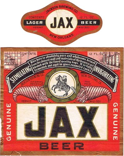 1935 Jax Beer 12oz ES41-08V Label New Orleans Louisiana
