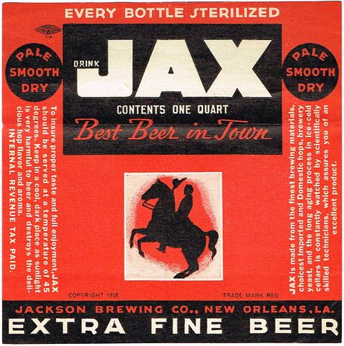 1938 Jax Extra Pale Beer 32oz One Quart ES41-17 Label New Orleans Louisiana
