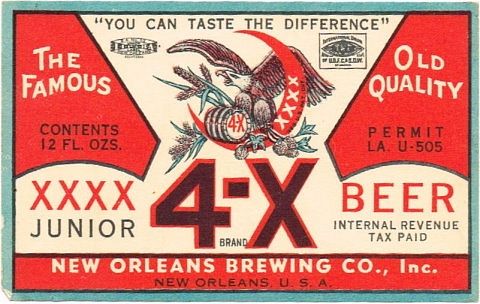 1938 4-X Junior Beer 12oz ES43-04 Label New Orleans Louisiana