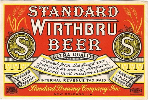 1936 Standard Wirthbru Beer 12oz ES44-04 Label New Orleans Louisiana