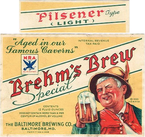 1933 Brehm's Brew Special 12oz ES72-06 Label Baltimore Maryland