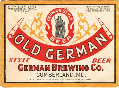 1933 Old German Style Beer 12oz 81-02 Label Cumberland Maryland