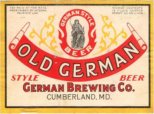 1933 Old German Style Beer 12oz 81-02 Label Cumberland Maryland