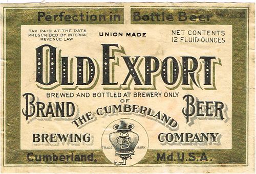 1935 Old Export Brand Beer 12oz ES80-15V Label Cumberland Maryland