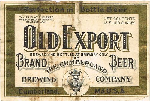 1936 Old Export Brand Beer 12oz ES80-15 Label Cumberland Maryland
