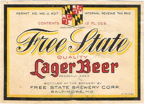 1933 Free State Lager Beer 12oz ES75-17 Label Baltimore Maryland