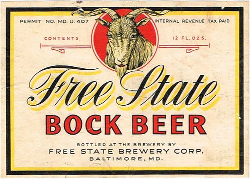 1936 Free State Bock Beer 12oz ES75-19 Label Baltimore Maryland