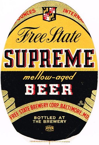 1942 Free State Supreme Beer 12oz ES76-01e Label Baltimore Maryland