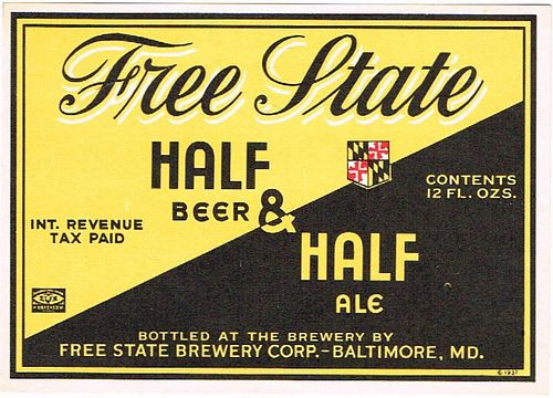 1940 Free State Half & Half 12oz ES75-23 Label Baltimore Maryland