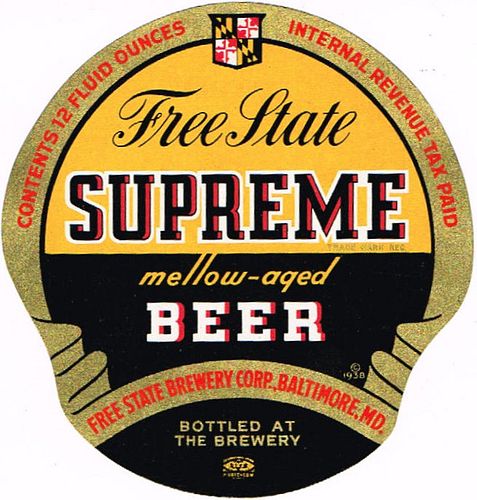 1939 Free State Supreme Beer 12oz ES76-01 Label Baltimore Maryland