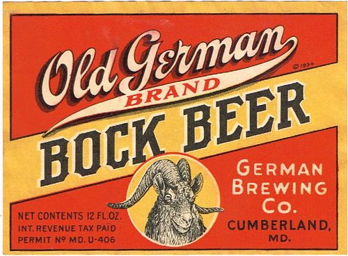 1934 Old German Bock Beer 12oz ES81-06 Label Cumberland Maryland