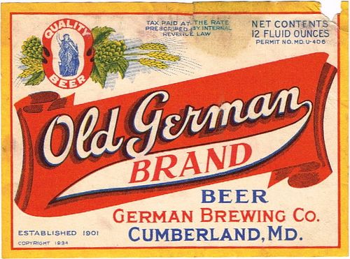 1934 Old German Beer 12oz ES81-05V Label Cumberland Maryland