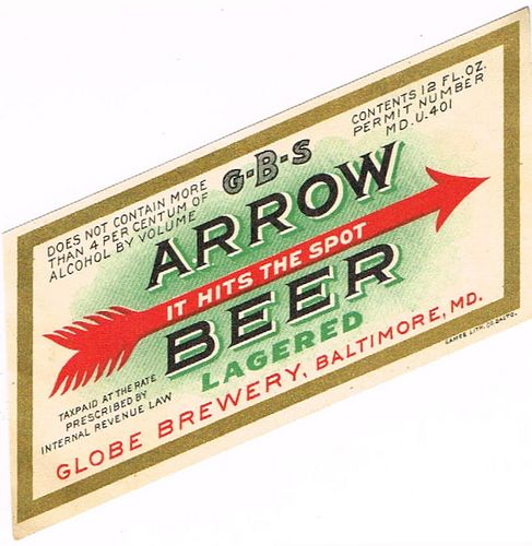 1933 Arrow Beer 12oz ES73-22V Label Baltimore Maryland
