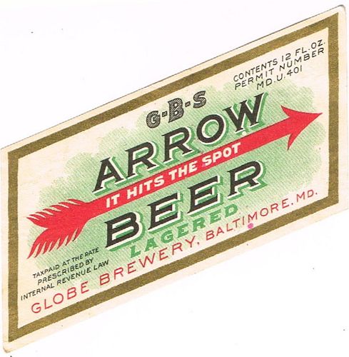 1933 Arrow Beer 12oz ES73-22 Label Baltimore Maryland