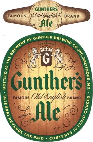 1940 Gunther's Old English Ale 12oz ES77-13v Label Baltimore Maryland