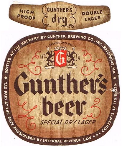 1935 Gunther's Beer 12oz ES77-10 Label Baltimore Maryland