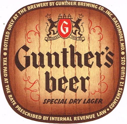 1942 Gunther's Beer No Ref. ES77-10v Label Baltimore Maryland