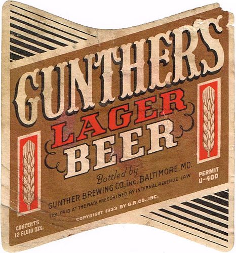 1934 Gunther's Lager Beer 12oz ES76-24 Label Baltimore Maryland