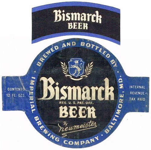 1934 Bismarck Beer 12oz ES74-24 Label Baltimore Maryland